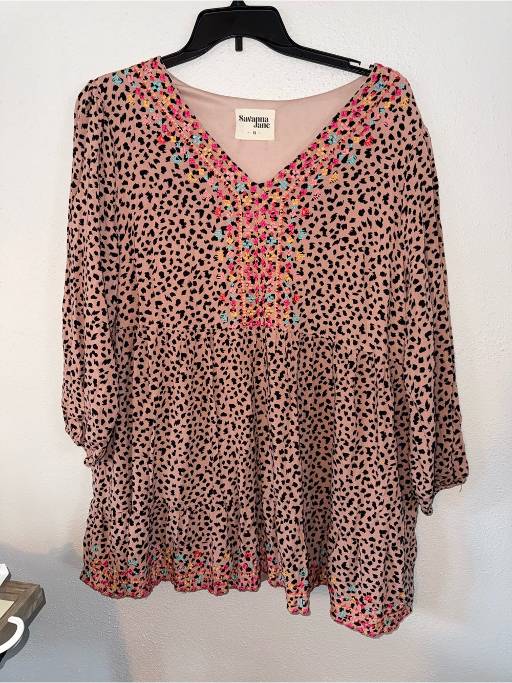 Savanna Jane Blush Pink Embroidered V-Neck Peasant Tunic